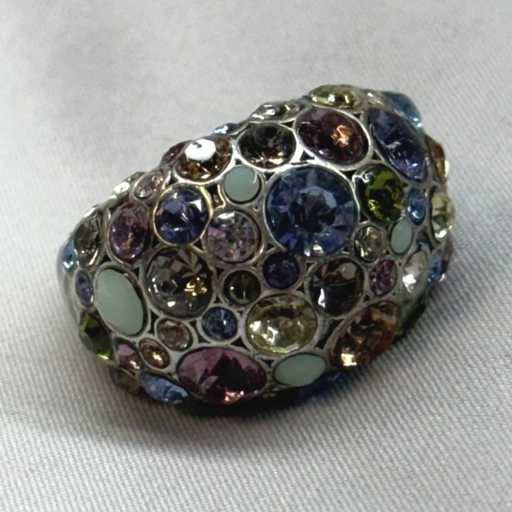 Fossil Dome Ring Womens Size 8 Silver Multi Color Crystal Good Statement Chunky